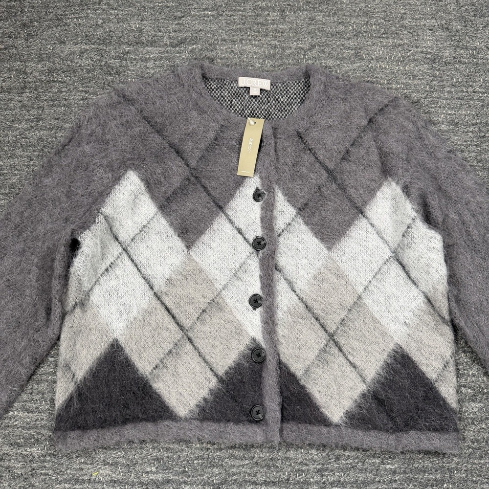 J Crew Argyle Cardigan Sweater Women Medium Gray Fuzzy Alpaca Preppy Lightweight - Picture 1 of 11